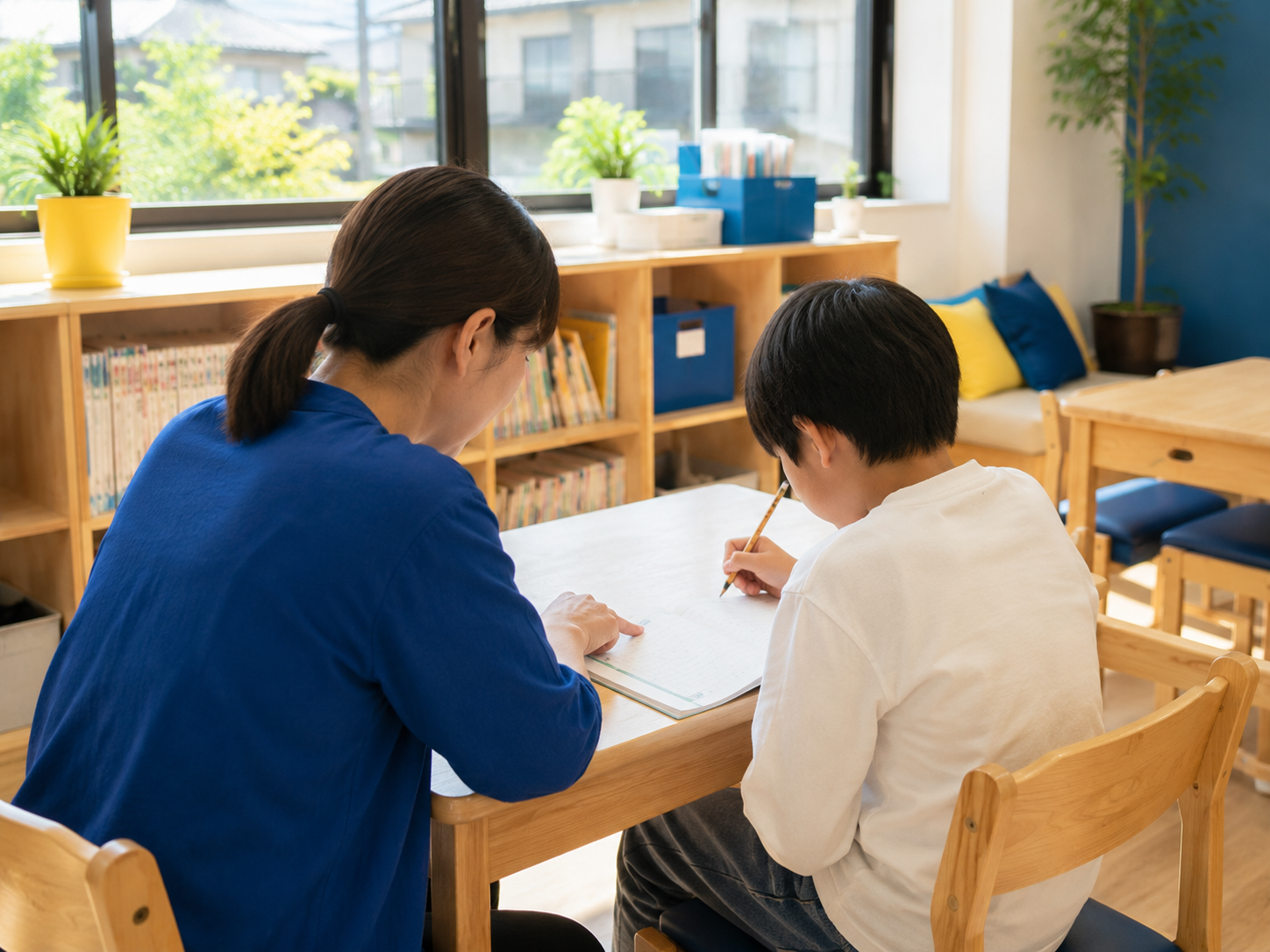 スタッフが子どもの隣に座り、机に向かって個別に学習を支援する様子