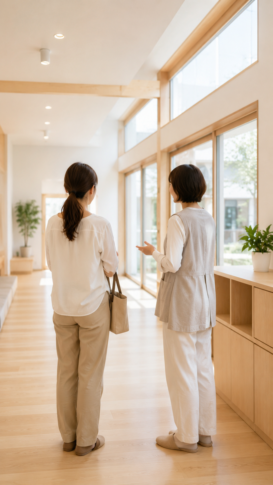 保護者とスタッフが明るい廊下で並んで話しながら歩く後ろ姿